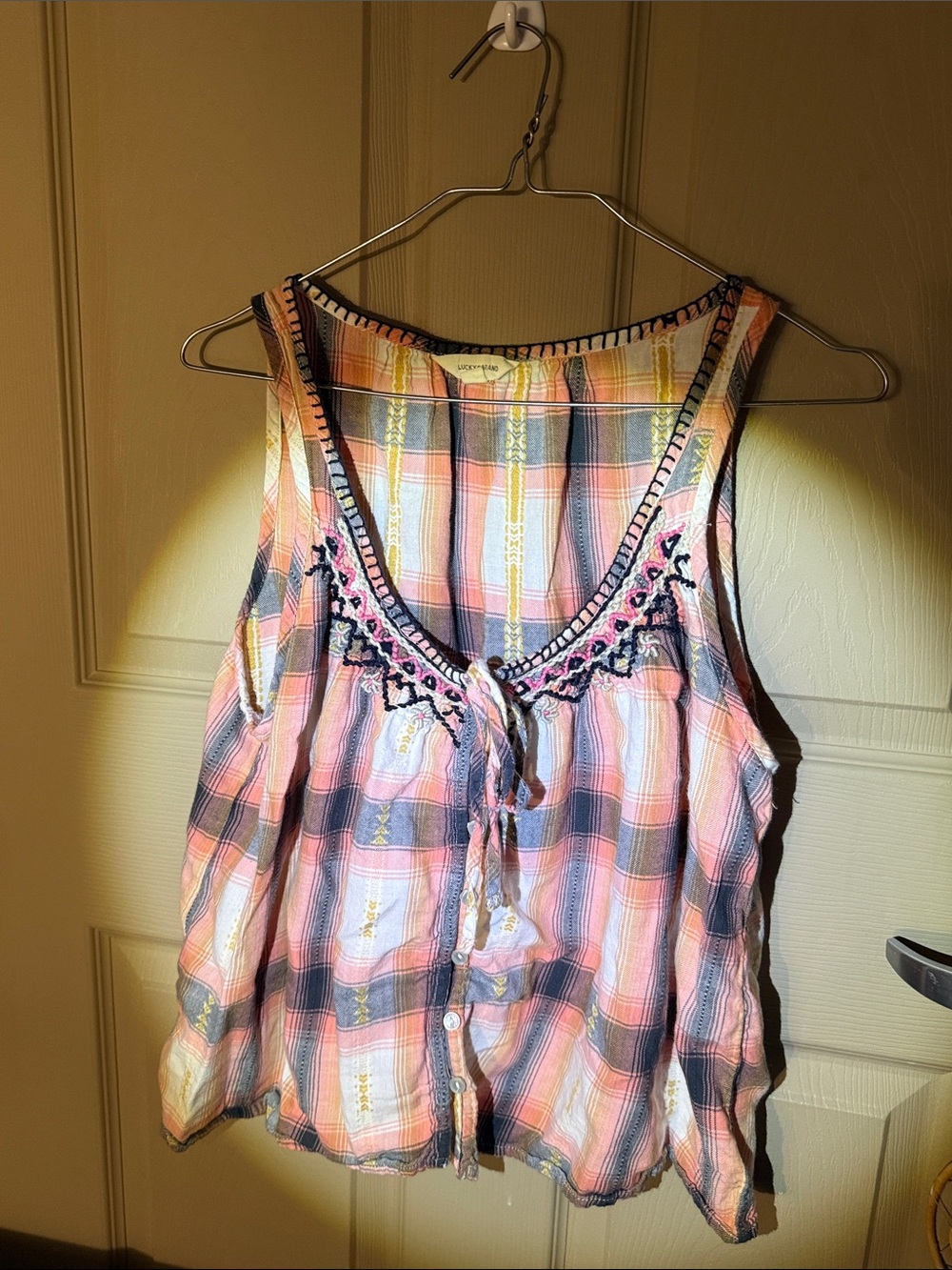 Luck Brand Pink Plaid Embroidered V-Neck Sleeveless Camisole